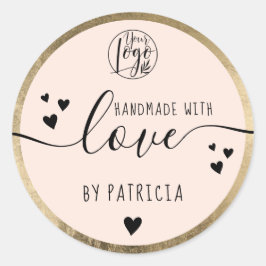 Pegatina Redonda Guión de amor hecho a mano logo negro corazones ro