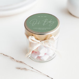Pegatina Redonda Guión de baby shower moderno verde salvia elegante