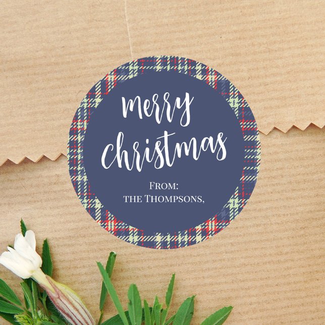 Pegatina Redonda Guión de caligrafía azul de la marina navideña (Merry Christmas simple festive holiday calligraphy script round sticker. )