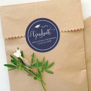 Pegatina Redonda Guión de caligrafía de graduación Sencilla Marina 