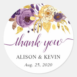 Pegatina Redonda Guión de caligrafía floral Purple Gold Gracias