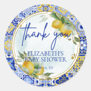 Pegatina Redonda Guión de cítricos de mosaico azul italiano Lemons 