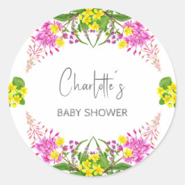 Pegatina Redonda Guión de flor silvestre rosa amarillo brillante