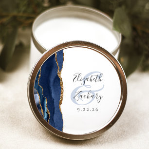 Pegatina Redonda Guion de geoda de ágata azul marino bodas oro
