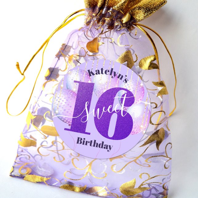 Pegatina Redonda Guión de globos de cumpleaños 16 Purpurina morado (Subido por el creador)