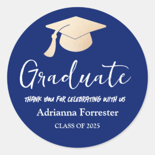 Pegatina Redonda Guión de graduación   Grad Gorra   Gracias Navy Bl