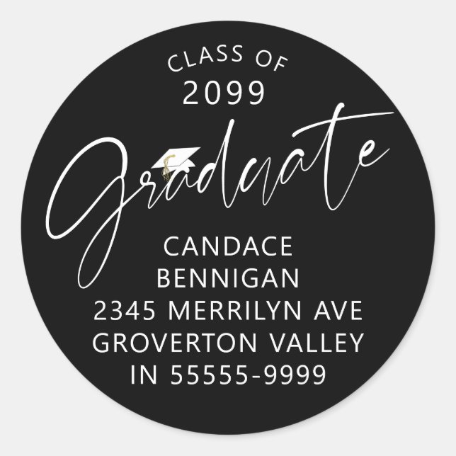 Pegatina Redonda Guión de graduado moderno Dirección de retorno bla (Anverso)