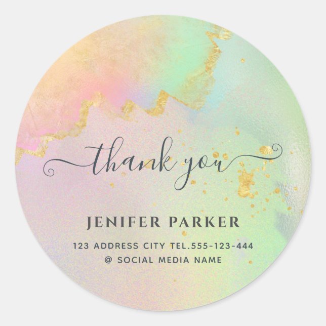 Pegatina Redonda Guión de la acuarela dorada holográfica gracias (Anverso)