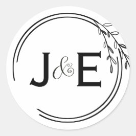 Pegatina Redonda Guión de las iniciales de la pareja y de la hoja d