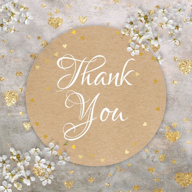 Pegatina Redonda Guión de los corazones dorados Gracias Rustic Kraf (Gold Hearts Script Thank You Rustic Kraft Boho Classic Round Sticker)