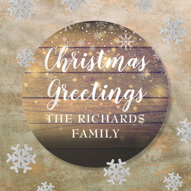 Pegatina Redonda Guión de madera rústico nombre de familia de salud (Rustic Wood Script Christmas Greetings Family Name Classic Round Sticker)