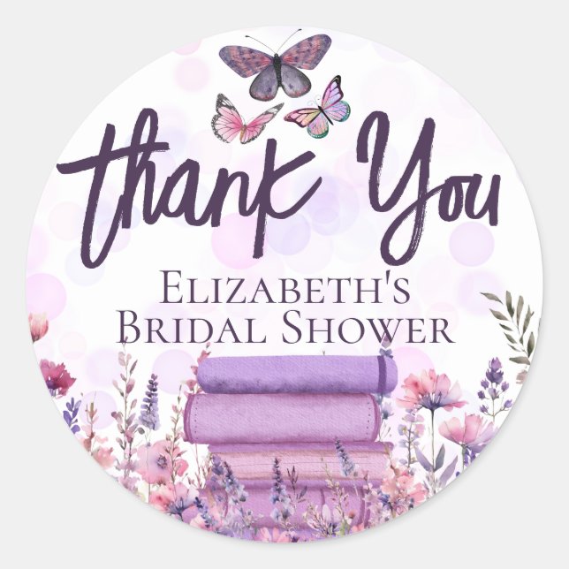 Pegatina Redonda Guión de mariposas Purple Book Stack Wildflowers (Anverso)