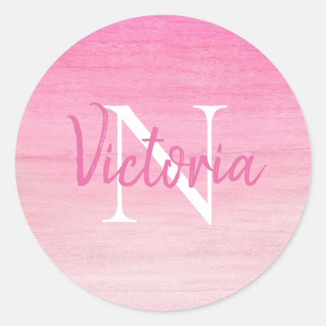 Pegatina Redonda Guión de nombre de monograma rosa (Anverso)