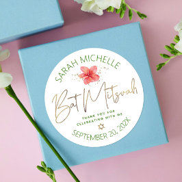 Pegatina Redonda Guión de oro de la floral tropical Mitzvah