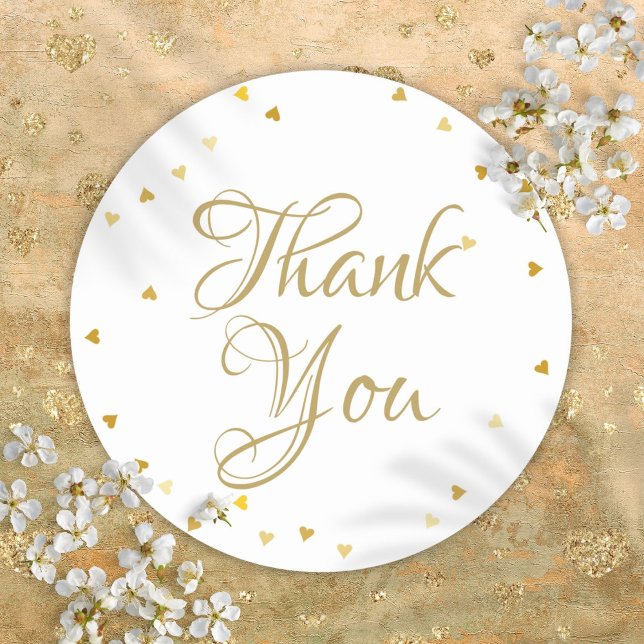 Pegatina Redonda Guión de oro Gracias a Love Hearts Confetti (Gold Script Thank You Love Hearts Confetti Classic Round Sticker)