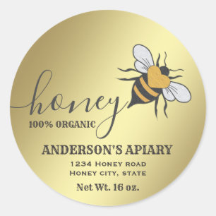 Pegatina Redonda Guión del logo de la abeja de oro rústico vintage