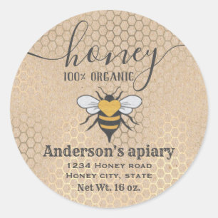 Pegatina Redonda Guión del logo de la abeja Kraft rústico de época