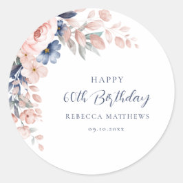 Pegatina Redonda Guión elegante con flores rosadas 60 cumpleaños Cu