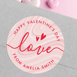 Pegatina Redonda guión elegante el día de San Valentín rosa y rojo