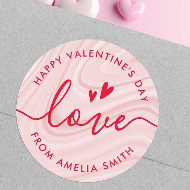 Pegatina Redonda guión elegante el día de San Valentín rosa y rojo (Valentine's Day elegant script blush pink and red Classic Round Sticker)