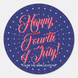 Pegatina Redonda Guión feliz 4 de julio de estrellas blancas rojas