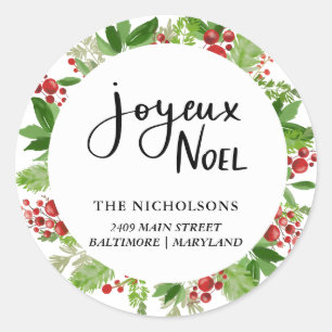 Pegatina Redonda Guión festivo Joyeux Noel Wreath Día festivo