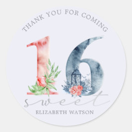 Pegatina Redonda Guión floral acuarela elegante dulce dieciséis