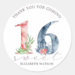Pegatina Redonda Guión floral acuarela elegante dulce dieciséis
