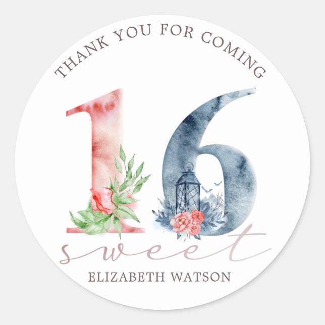 Pegatina Redonda Guión floral acuarela elegante dulce dieciséis (Anverso)