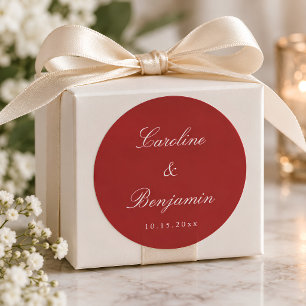 Pegatina Redonda Guión Formal Elegante Boda Personalizado Rojo