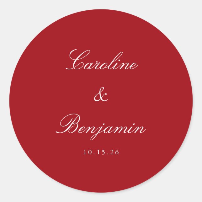 Pegatina Redonda Guión formal Elegante Boda Personalizado Rojo (Anverso)