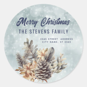 Pegatina Redonda Guión invernal Merry Christmas pine cone floral