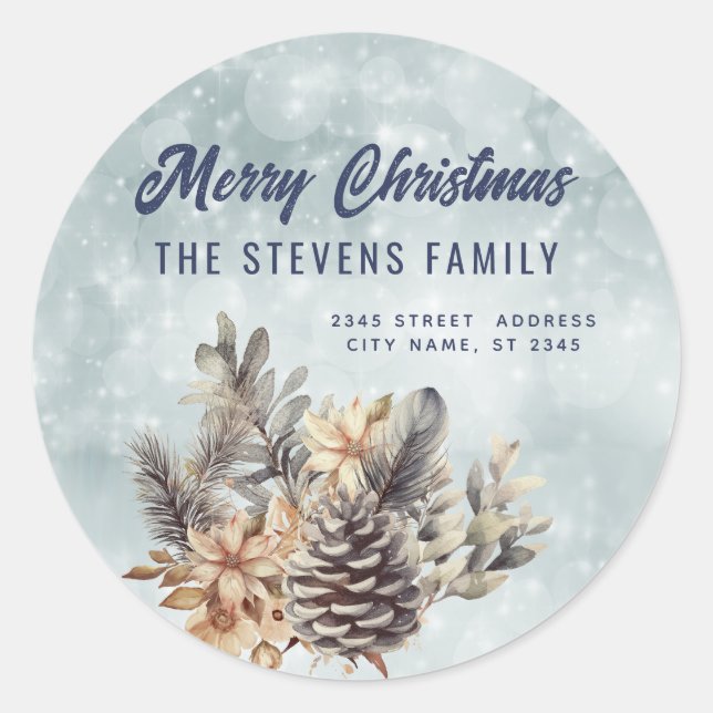 Pegatina Redonda Guión invernal Merry Christmas pine cone floral (Anverso)