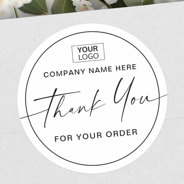 Pegatina Redonda Guión manuscrito añadir logotipo comercial gracias (Handwritten script add logo business thank you classic round sticker)