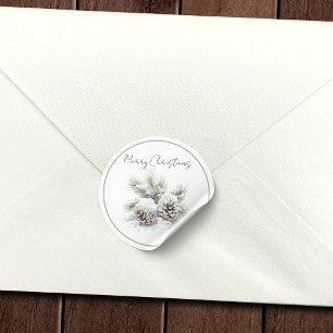 Pegatina Redonda Guión minimalista, acuarela, conos de pino nevado