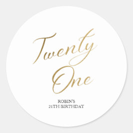 Pegatina Redonda Guión minimalista blanco y oro 21 cumpleaños