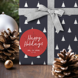 Pegatina Redonda Guión moderno de felices fiestas Snowflakes Navida