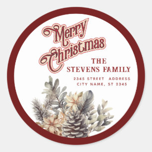 Pegatina Redonda Guión moderno Feliz Navidad Cono de pino floral