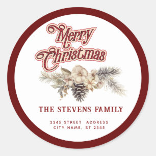 Pegatina Redonda Guión moderno Feliz Navidad Cono de pino floral