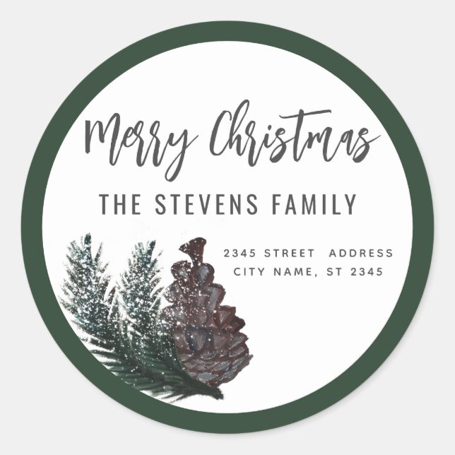 Pegatina Redonda Guión moderno Merry Christmas pine branch Cla (Anverso)