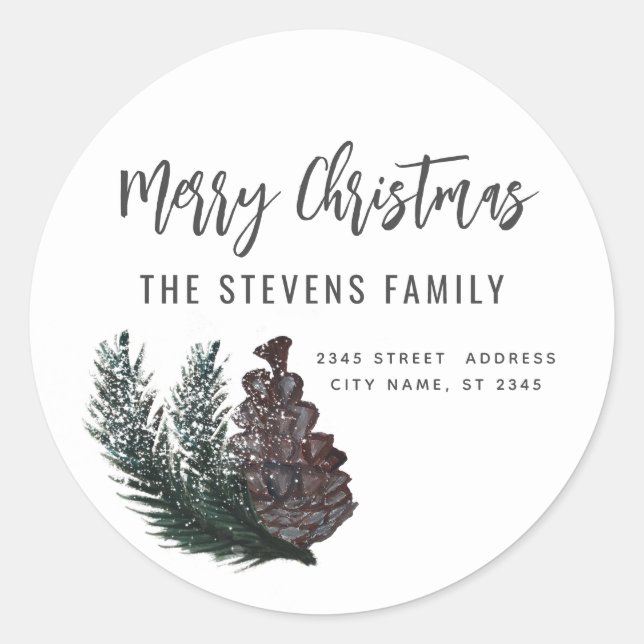 Pegatina Redonda Guión moderno Merry Christmas pine branch (rama de (Anverso)