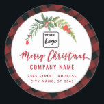 Pegatina Redonda Guión moderno Merry Christmas red holly logo<br><div class="desc">guión moderno Logo de Merry Christmas holly personalizado. Diseño profesional moderno con un toque contemporáneo. Un toque de elegancia y estilo.Personalizar con su monograma inicial,  nombre y dirección.</div>