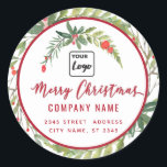 Pegatina Redonda Guión moderno Merry Christmas red holly logo Class<br><div class="desc">guión moderno Logo de Merry Christmas holly personalizado. Diseño profesional moderno con un toque contemporáneo. Un toque de elegancia y estilo.Personalizar con su monograma inicial,  nombre y dirección.</div>