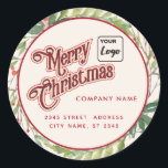 Pegatina Redonda Guión moderno Merry Christmas red holly logo Class<br><div class="desc">guión moderno Logo de Merry Christmas holly personalizado. Diseño profesional moderno con un toque contemporáneo. Un toque de elegancia y estilo.Personalizar con su monograma inicial,  nombre y dirección.</div>