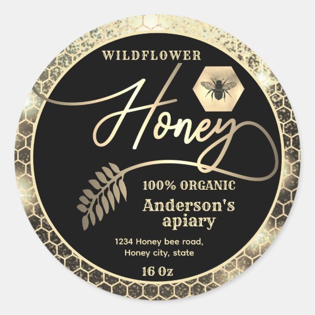 Pegatina Redonda Guión moderno y atractivo de abeja dorada (Anverso)
