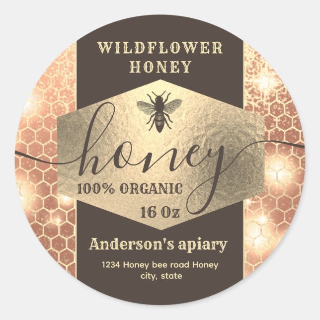 Pegatina Redonda Guión moderno y elegante de la abeja dorada (Anverso)