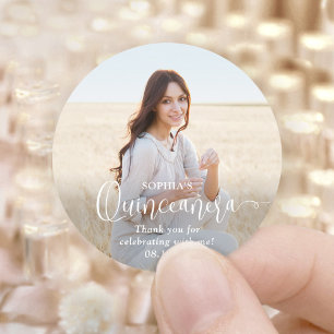 Pegatina Redonda Guión moderno y foto de Quinceañera Gracias