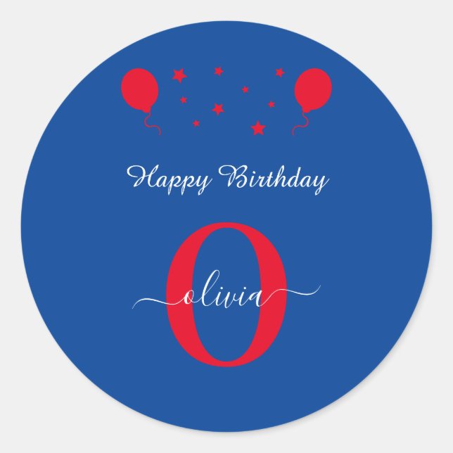 Pegatina Redonda Guión monograma Feliz cumpleaños Azul Blanco Rojo (Anverso)