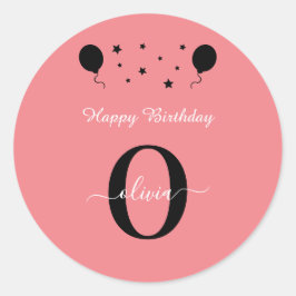 Pegatina Redonda Guión monograma Feliz cumpleaños Rosa blanco negro