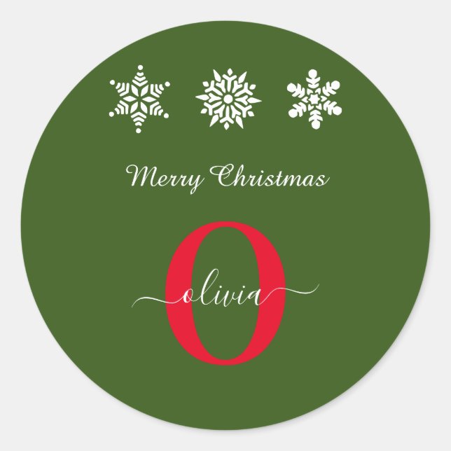 Pegatina Redonda Guión Monograma Feliz Navidad Verde Rojo (Anverso)